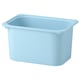 A light blue, rectangular TROFAST storage box made from 50% recycled plastic, designed for organising toys and other items.