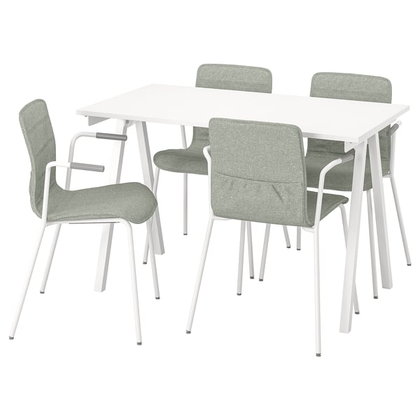 Modern white dining set with four grey fabric chairs and square table, sleek and minimalist design.