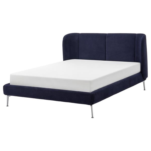 TUFJORD bed: dark blue, curved head, metal legs, cosy design.