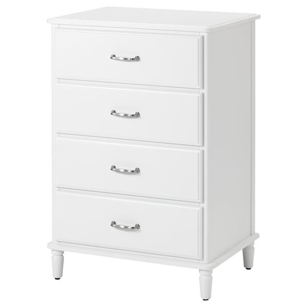 White TYSSEDAL dresser. Four drawers with metal handles, square shape, soft-close feature.