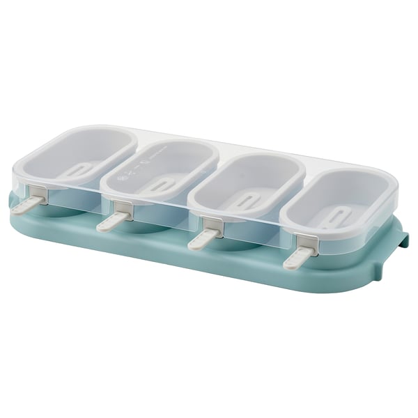 The UPPFYLLD ice pop maker is light blue with four transparent silicone moulds and a polypropylene base, handle, and clips.