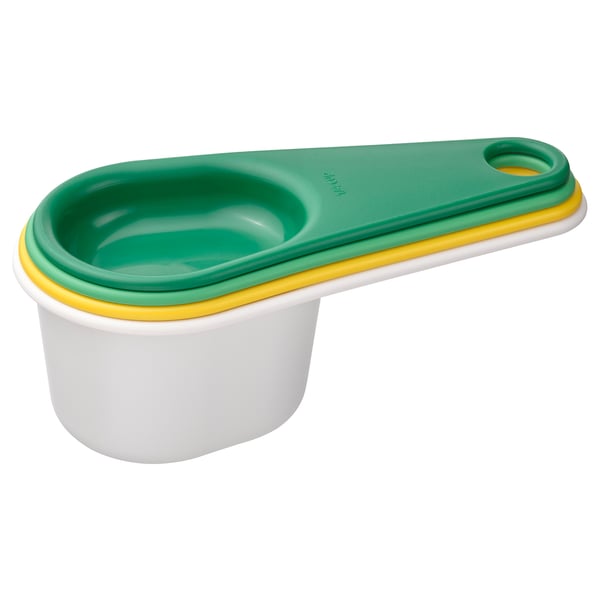 UPPFYLLD green, yellow, white measuring cups, plastic, oval shape, stackable design.