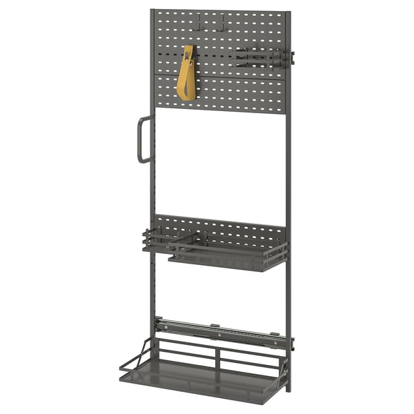 A grey UTRUSTA organiser with multiple storage levels, hooks for hanging, and adjustable shelves.