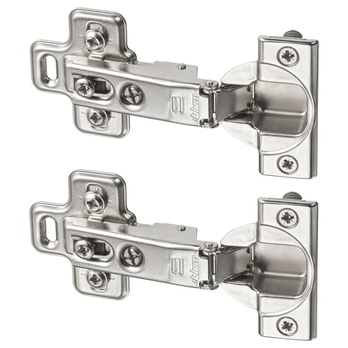 Two sets of nickel-plated steel kitchen cabinet hinges, shown in a mirrored position, displaying adjustability.