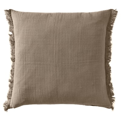 Square light brown textured cushion with frayed edges. Soft cotton cover, casual design.