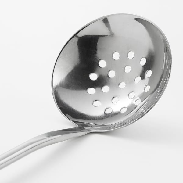 Silver metal skimmer with perforated bowl, long handle. Ideal for straining and lifting food from pots. Excellent quality and robust design.