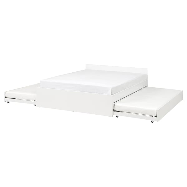 White VIHALS bed frame with two trundles, modern minimalist design, smooth surfaces, sturdy particleboard structure.