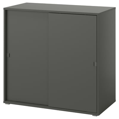 A dark grey VIHALS cabinet with sliding doors, suitable for small spaces, featuring a modern design.