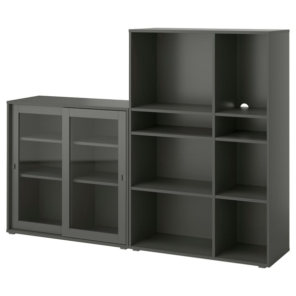 Grey VIHALS storage: cabinet with glass doors & open shelving.
