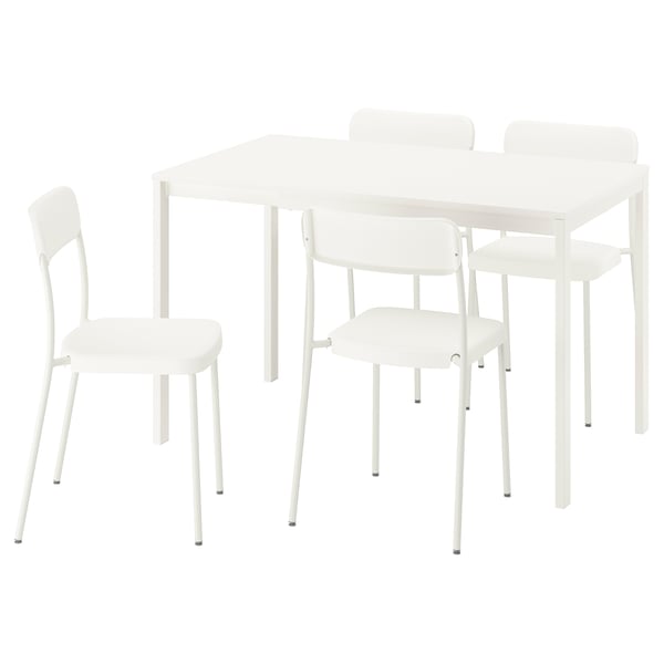 White VIHALS dining set with rectangular table & 4 stackable chairs. Minimalist, modern, durable.