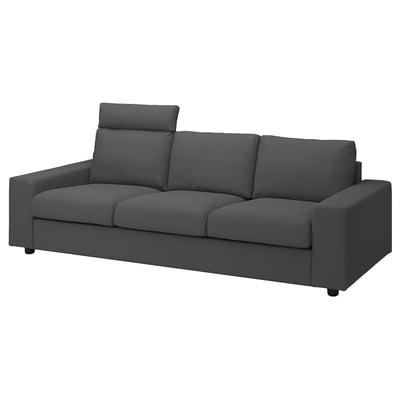 VIMLE sofa: dark grey, modern design, three cushions, adjustable headrests, durable fabric.