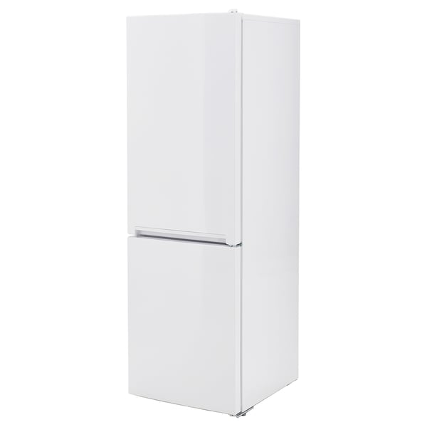 White VINDÅS fridge/freezer, sleek design with integrated handles, adjustable storage bins, and led lighting.