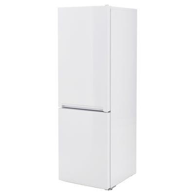 White VINDÅS fridge/freezer, sleek design with integrated handles, adjustable storage bins, and led lighting.