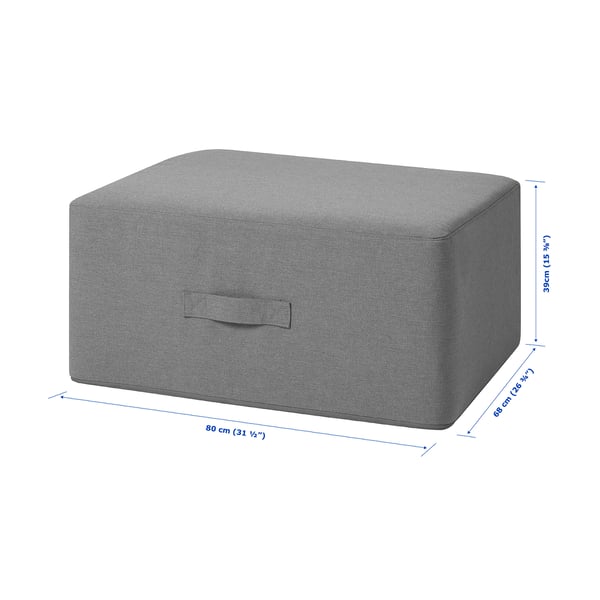 VITHÄLL grey ottoman, dimensions: 31 ½ x 26 ¾ x 15 ¾. Soft foam, adjustable, handle included.