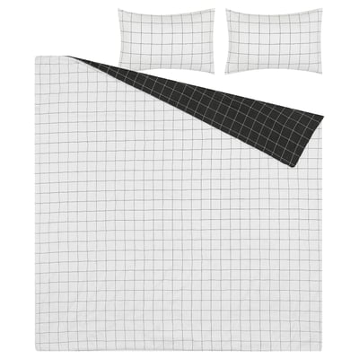 VITKLÖVER Comforter set, white black/check, 240x220/50x80 cm