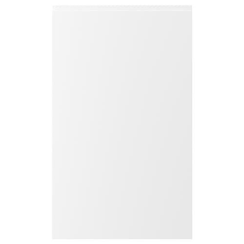 VOXTORP white kitchen door with minimalist, integrated handles and smooth surface.