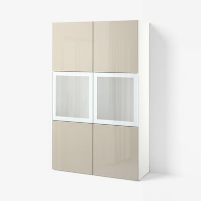 BESTÅ Komb.odlaganje,staklena vrata, bela/Selsviken v. sjaj bež m. staklo, 120x42x193 cm