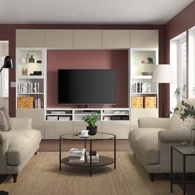 BESTÅ TV komb.odlaganje/staklena vrata, bela/Selsviken v. sjaj bež b. staklo, 300x42x231 cm