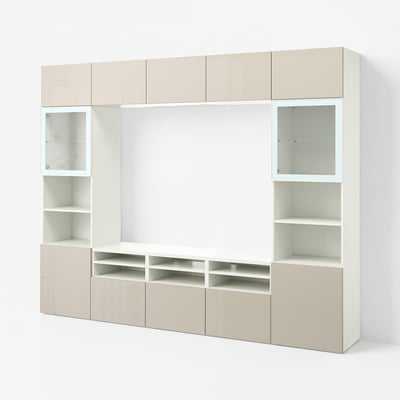 BESTÅ TV komb.odlaganje/staklena vrata, bela/Selsviken v. sjaj bež b. staklo, 300x42x231 cm