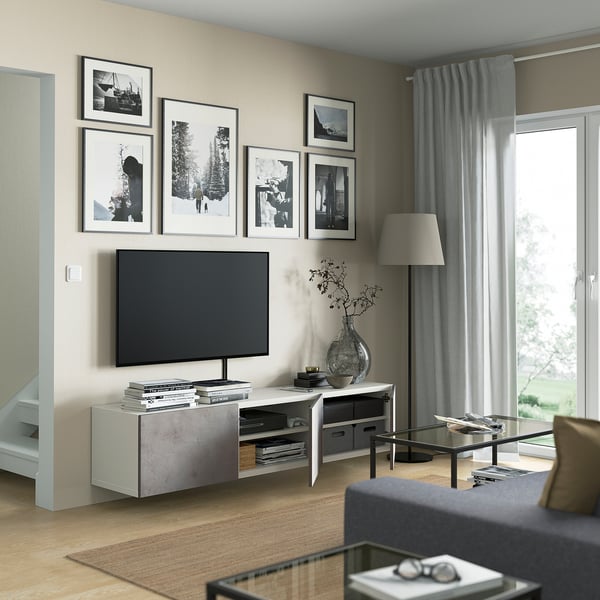 BESTÅ TV stalaža s vratima, bela/Kallviken svetlosiva, 180x42x38 cm