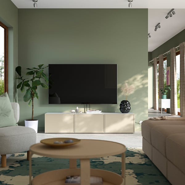 BESTÅ TV stalaža s vratima, bela/Krukmakare bež, 180x42x38 cm