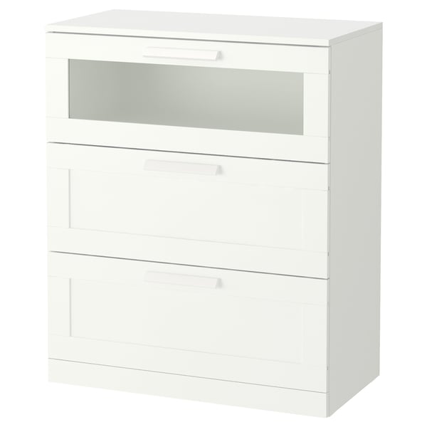 BRIMNES Komoda s 3 fioke, bela/mlečno staklo, 78x46x95 cm