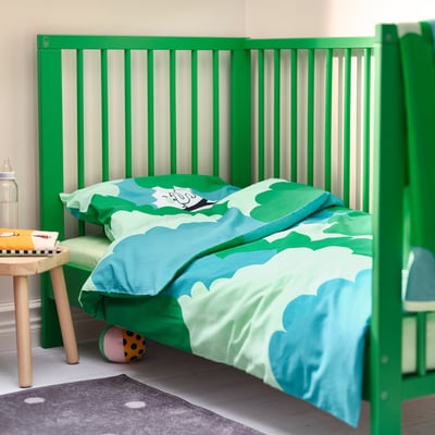 GRÖNFINK Set posteljine za krevetac, 3-delni, zelena/tirkizna, 60x120 cm