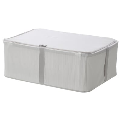 HEMMAFIXARE Sanduk za odlaganje, tkanina prugasto/bela/siva, 34x51x19 cm