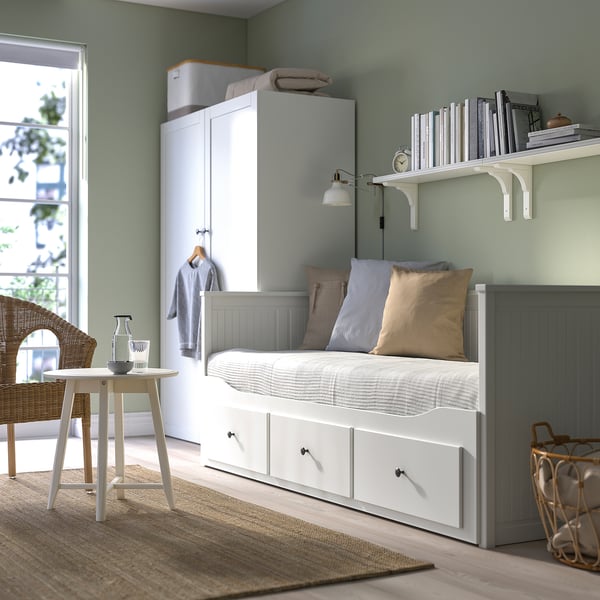 HEMNES Dnevni krevet s 3 fioke/2 dušeka, bela/Ågotnes tvrdo,, 80x200 cm