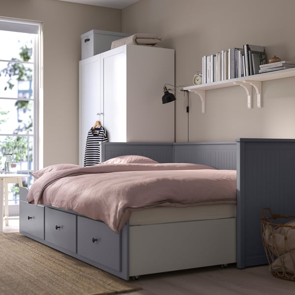 HEMNES Dnevni krevet s 3 fioke/2 dušeka, siva/Åfjäll srednje tvrdo, 80x200 cm