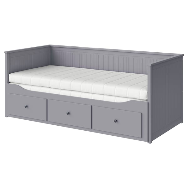 HEMNES Dnevni krevet s 3 fioke/2 dušeka, siva/Åfjäll srednje tvrdo, 80x200 cm