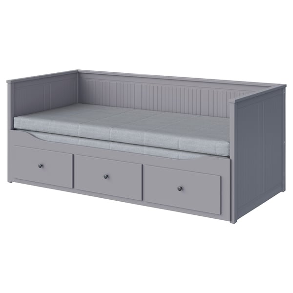 HEMNES Dnevni krevet s 3 fioke/2 dušeka, siva/Ågotnes tvrdo,, 80x200 cm
