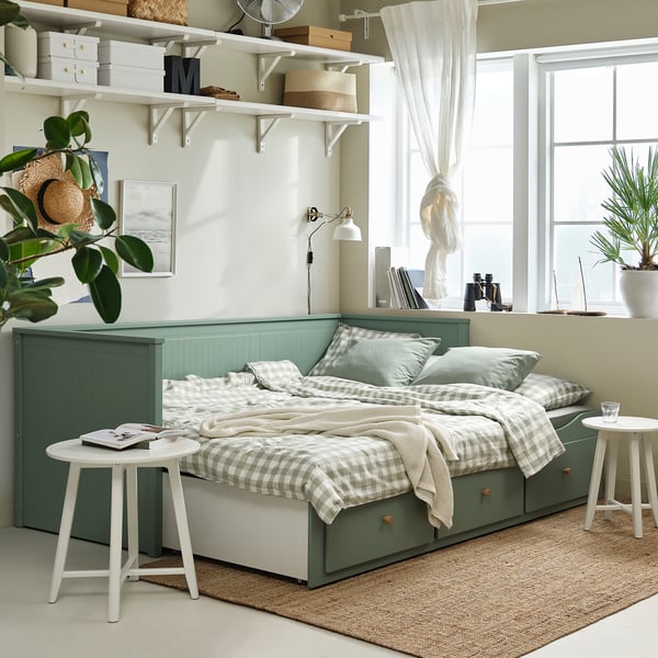 HEMNES Dnevni krevet s 3 fioke/2 dušeka, sivozelena/Ågotnes tvrdo,, 80x200 cm