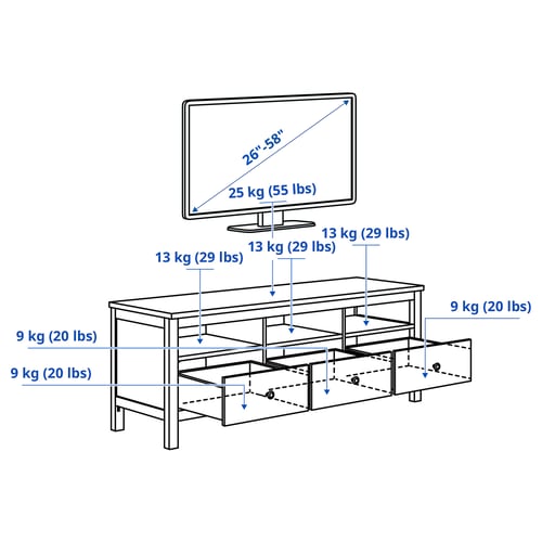 HEMNES TV stalaža, belo bajcovano/svetlosmeđa, 148x47x57 cm