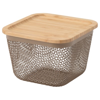 IKEA 365+ Korpa za hranu s poklopcem, kvadrat metal/svetlosiva-smeđa bambus, 15x15x11 cm