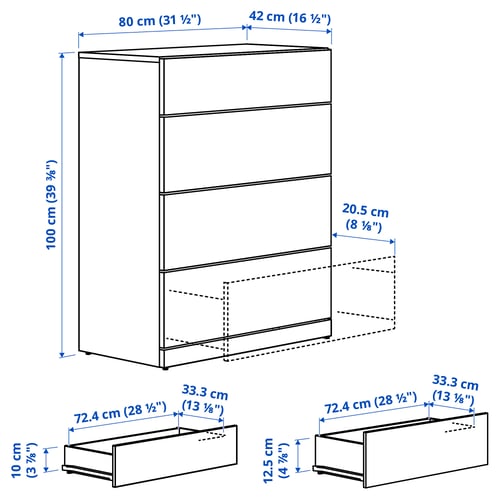 LASTARE Komoda s 4 fioke, bela, 80x42x100 cm