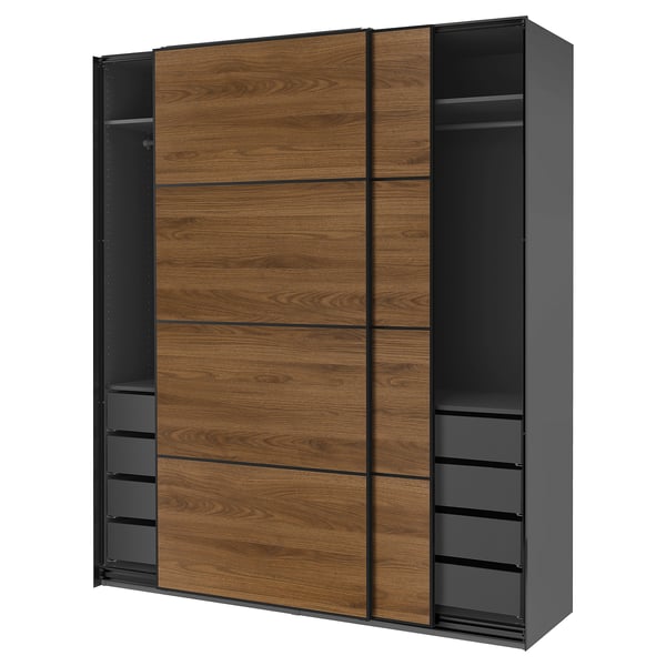 PAX / MEHAMN Garderober i klizna vrata, tamnosiva crna/dvostrano orahovina, 200x66x236 cm