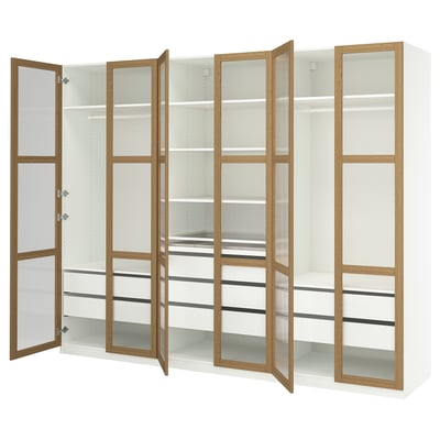 PAX / TONSTAD Kombinacija garderobera, bela/hrastov furnir staklo, 300x60x236 cm