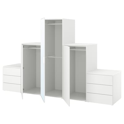 PLATSA Garderober s 3 vrata i 6 fioka, bela STRAUMEN staklo ogledala/FONNES bela, 300x57x181 cm