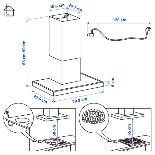 RÄFSEBO Zidni aspirator, IKEA 500 boja nerđajućeg čelika, 80 cm