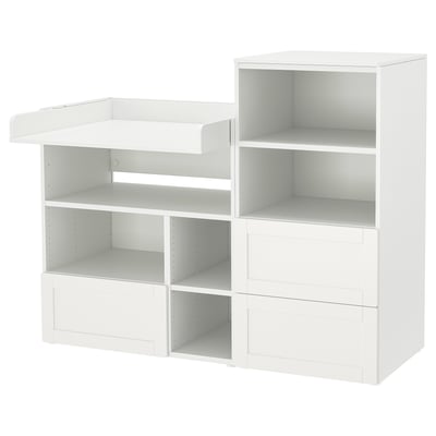 SMÅSTAD / PLATSA Komoda za presvlačenje, bela s okvirom/s bibliotekom, 150x79x123 cm