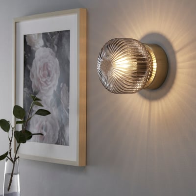 SOLKLINT Zidna lampa, trajni priključak, mesing/sivo bistro staklo