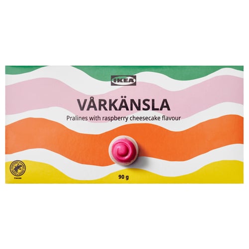 VÅRKÄNSLA Ukrasna kutija s čoko pralinama, praline od bele čokolade ukus čizkejka s malinama, 90 g