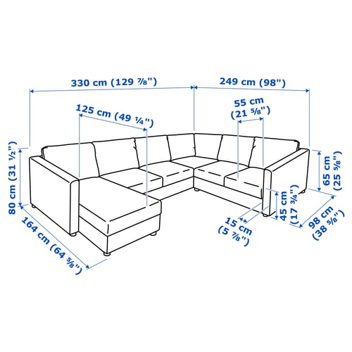 VIMLE Ugaona sofa, 5-sed, s lenjivcem/Grann/Bomstad crna