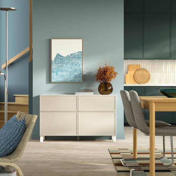 BESTÅ تشكيلة تخزين مع أبواب/ أدراج, Krukmakare بيج/Stubbarp أبيض, 120x42x74 سم