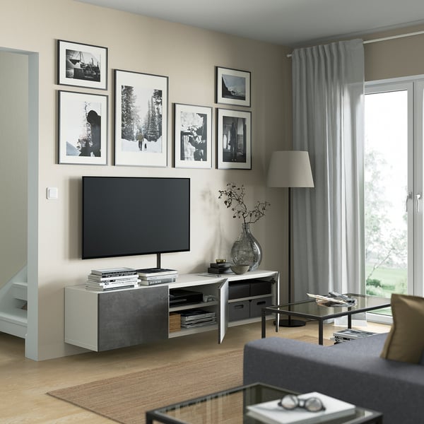 BESTÅ طاولة تلفزيون مع أبواب, أبيض/Kallviken رمادي غامق, 180x42x38 سم