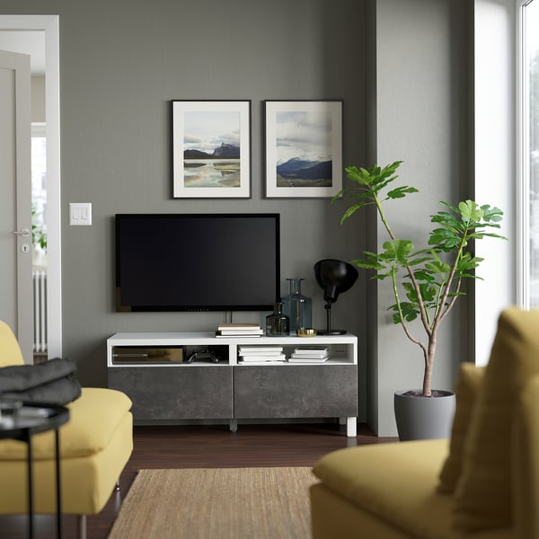 BESTÅ طاولة تلفزيون مع أدراج, أبيض/Kallviken/Stubbarp رمادي غامق, 120x42x48 سم