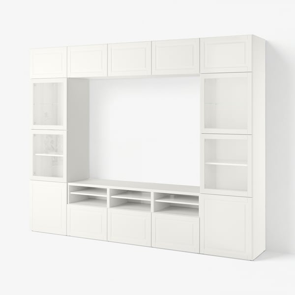 BESTÅ تشكيلة تخزين تلفزيون/أبواب زجاجية, أبيض Smeviken/Ostvik أبيض زجاج شفاف, 300x42x231 سم