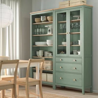HEMNES تشكيلة تخزين مع أبواب/ أدراج, رمادي-أخضر/بني فاتح, 180x197 سم
