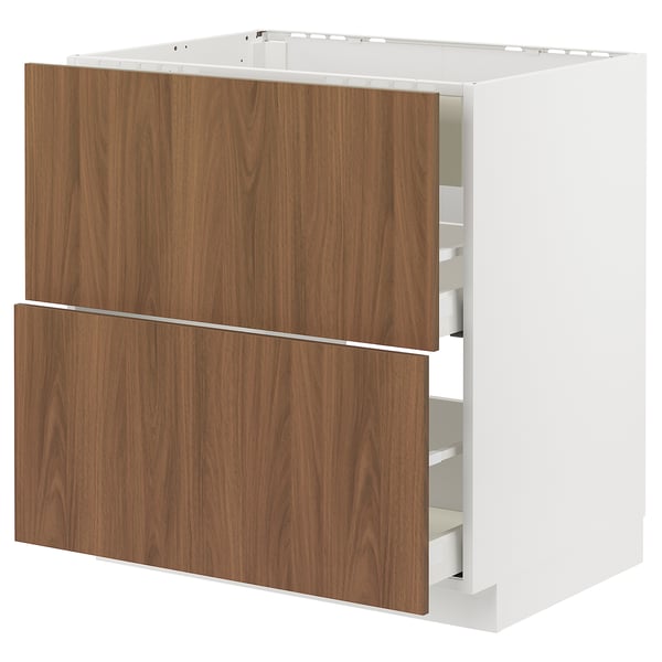 METOD / MAXIMERA خزانة قاعدة لموقد/شفاط مدمج مع درج, أبيض/Tistorp مظهر الجوز بني, 80x60 سم